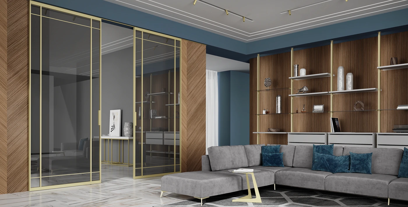 Стеллаж АЛЬТО | ALTO. Раздвижная перегородка СТРАТУС-СЛИМ | STRATUS- SLIM. Стеновые панели КАВЕР | COVER. Диван ПОРТОФИНО | PORTOFINO.