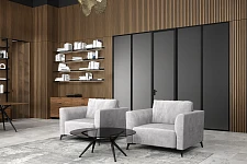 mini-Стеновые панели КАВЕР, ЮНИФЛЕКС-3D | COVER, UNIFLEX-3D, модель Стэп | Step. Дверь ЮНИФЛЕКС-3D | UNIFLEX-3D. Натуральный шпон US16 Орех Каналетто. Полки ЛЮМИНА | LUMINA, комод ЭЛЕМЕНТ | ELEMENT.Стеклянная перегородка ВОЛСТРИТ | WALLTSTREET. Журнальный стол