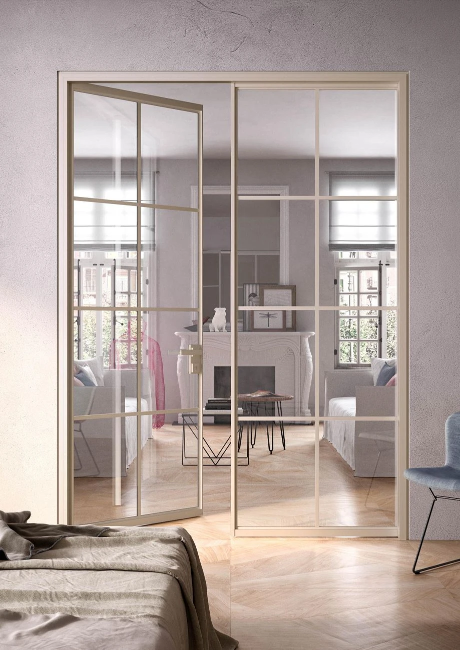 BATTSFLT CORRCD QUADRA product door double champagne trasparent glass.