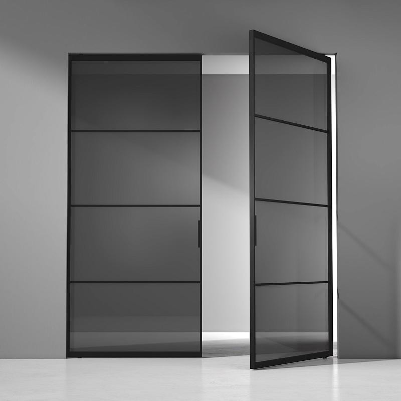 PIVOT-SLIM, модель Tre, безопасное прозрачное серое стекло GT02 Trasparente Grafite, алюминиевый каркас полотна в чёрном цвете AL08 Black.<br>